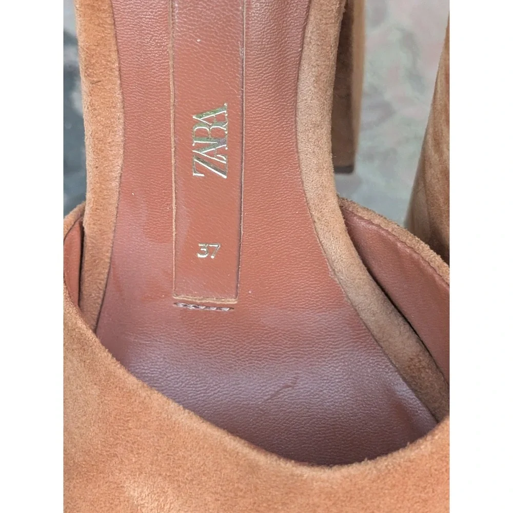 Zara EU 37 US 7 Brown Faux Suede Platform Block Heel Ankle Strap Sandals Retro